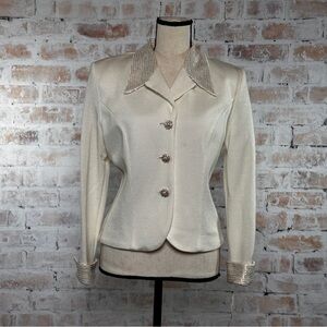 True Vintage 80s Gold Metallic Accent Solid Print Button Down Knit Blazer Jacket